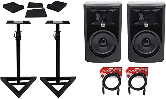 (2) JBL 306P MkII 6" Powered Studio Reference Monitors Stands Pads XLR Cables