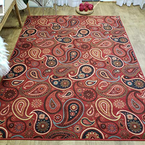 Area Rug 3x5 Red Paisley Kitchen Rugs and mats | Rubber Backed Non Skid Rug Living Room Bathroom Nursery Home Decor Under Door Entryway Floor Non Slip Washable | Made in Europe