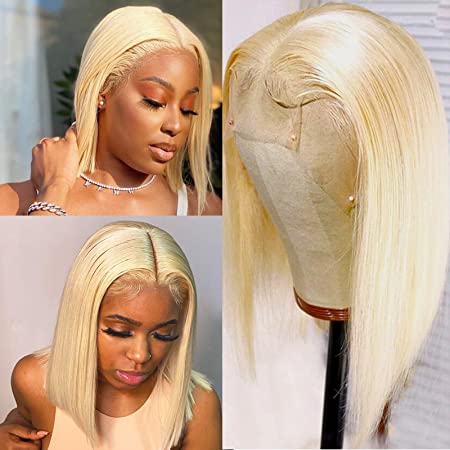 Colored Human Hair Bob Wigs 13x4x1 Lace Front Wigs for Black Women 613 Blonde Brazilian Virgin Human Hair T Part Lace Frontal Wig Pre Plucked Hairline with Baby Hair Bleached Knots 180% Density 12”