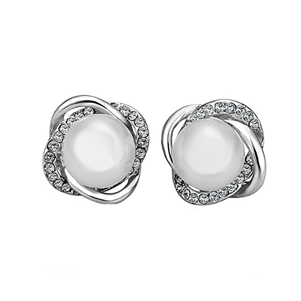 Arlumi Korean Style 18k Platinum plated Clear Silver Zirconia Twist Pearl Stud Eardrop ball Earings