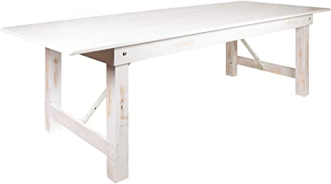 Flash Furniture HERCULES Series 9' x 40" Rectangular Antique Rustic White Solid Pine Folding Farm Table