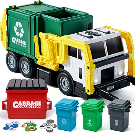 JOYIN 16" Large Garbage Truck Toy, Friction Powered Waste Management Garbage Truck with Lights and Sounds, Front Load Dumpster, 3 Side Trash Bins with 30 pcs Trash Cards, Gift for 3  Years Old Kids