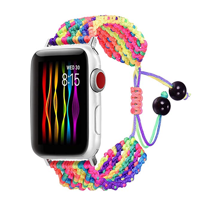 Bandmax Rainbow Band Compatible for Apple Watch 42MM 44MM, Colorful Rope iWatch Series 4/3/2/1 Nylon Wristband Accessories Handmade Weave Straps Bohemia Braided Bracelet with Flexible Drawstring Clasp