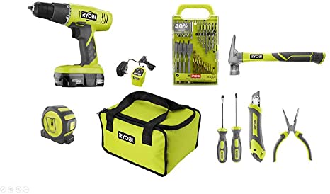 Ryobi P1971N Drill/Driver 18-Volt ONE  Home Owners Starter Kit (11 Piece Bundle, 1x P209 Drill/Driver, 1x P119 Dual Chemistry Charger, 1x P102 18V Battery, 1x Tool Bag)