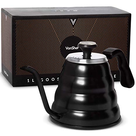 VonShef 35 Oz Gooseneck Pour Over Kettle with Thermometer for Drip Coffee Tea Stainless Steel Matte Black with Gift Box