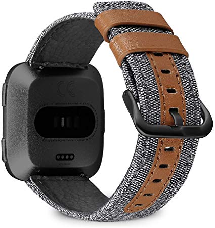 Jobese Compatible with Fitbit Versa/Versa 2/Versa Lite/SE, Classic Canvas Fabric Straps with Genuine Leather Replacement Accessories Wristbands with Silver Black Buckle, Men Women