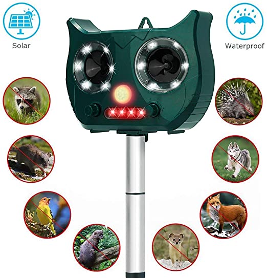 Ultrasonic Animal Repeller, Motion PIR Sensor and Flashing Light for Skunks, Squirrels, Foxes, Rats, etc.