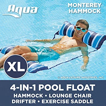 Aqua 4-in-1 Monterey Hammock XL (Longer/Wider) Inflatable Pool Chair, Adult Pool Float (Saddle, Lounge Chair, Hammock, Drifter), Water Hammock, Navy/White Stripe