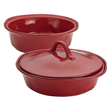 Rachael Ray 3-Piece Cucina Stoneware Round Baker and Lid Set, Cranberry Red