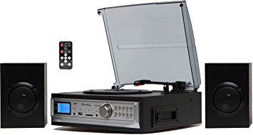 TechPlay ODC194 BK, 3-Speed Turntable & Cassett player w/SD USB, MP3 Encoding System and AM/FM Stereo Radio, with stereo speaker set
