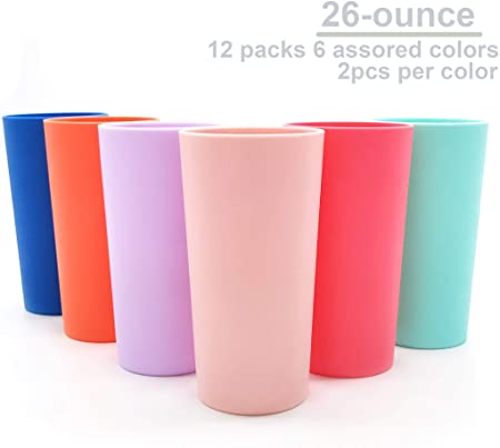 Unbreakable 26-ounce Plastic Tumbler Drinking Glasses, Set of 12 Multicolor - Dishwasher safe, BPA Free