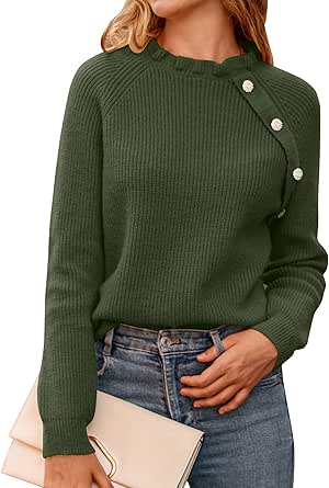 BTFBM 2024 Womens Sweaters Fall Winter Outfits Long Sleeve Button Down Ruffle Crew Neck Casual Knitted Pullover Tops