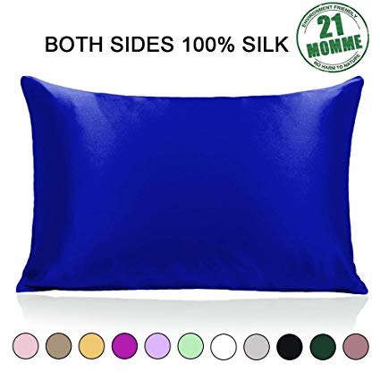 Ravmix 100% Pure Natural Mulberry Silk Pillowcase for Hair and Skin Both Sides 21 Momme 600TC Hypoallergenic Soft Breathable with Hidden Zipper, King Size 20×36 inches, 1-Pack, Royal Blue