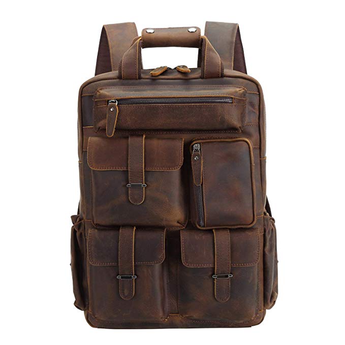 Texbo Full Grain Cowhide Leather Multi Pockets 16 Inch Laptop Backpack Travel Bag (Dark Brown(Updated Version))