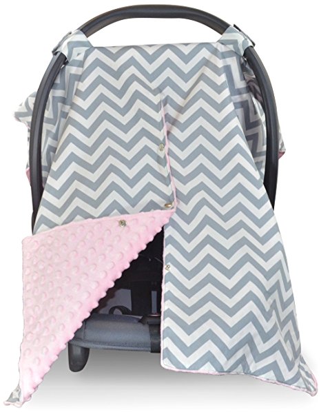 Premium Carseat Canopy Cover / Nursing Cover- Large Chevron Pattern w/ Soft Pink Minky- Best Infant Car Seat Canopy for Girls | Cool/ Warm Weather Car Seat Cover | Baby Shower Gift 4 Breastfeeding Mom