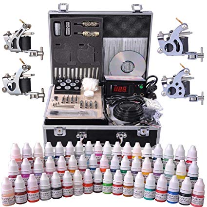 AW Complete Tattoo Kit 54 Color Ink 4 Machine Guns Set Foot Switch LCD Power Supply Equipment