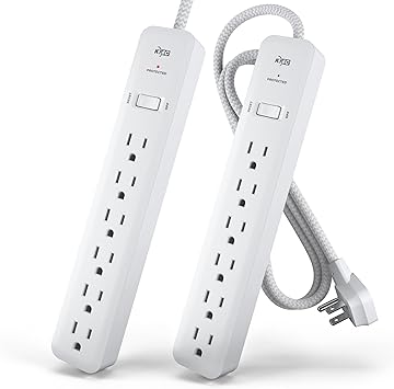 KMC 6-Outlet Surge Protector Power Strip 4 ft cord 2-Pack, 1080J Power Surge Protector, 4-Foot Long Braided Extension Cord with Multiple Outlets, Power Strip Surge Protector, 6 Power Outlet, Flat Plug