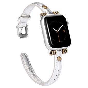 Wearlizer Leather Bands Compatible with Apple Watch Band 38mm 40mm for iWatch Womens Mens Special Slim Vintage Wristband Replacement Strap Series 5 4 3 2 1 Edition - Glitter Silver