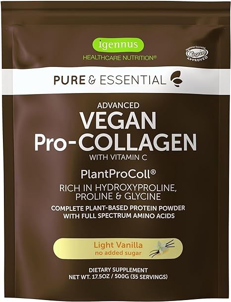 Advanced Vegan Vanilla Collagen Peptide Powder, Enhanced with Glycine, Proline & Hydroxyproline & Cofactor Vitamin C, Non GMO, Vegetarian Plant Based Collagen Powder Booster, 35 Servings, by Igennus