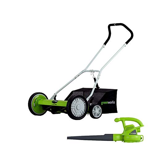 GreenWorks 18-Inch Reel Lawn Mower with Grass Catcher 25062   7 AMP Blower 24012