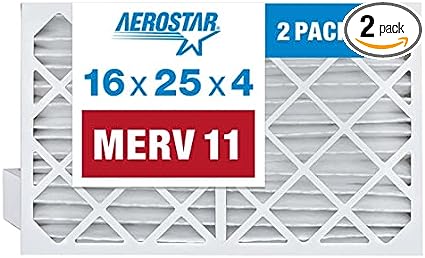 Aerostar 16x25x4 MERV 11 Pleated Air Filter, AC Furnace Air Filter, 2 Pack (Actual Size: 15 1/2" x 24 1/2" x 3 3/4")