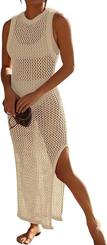 Bsubseach Crochet Swim Coverup Sleeveless Knitted Cover Up Dress