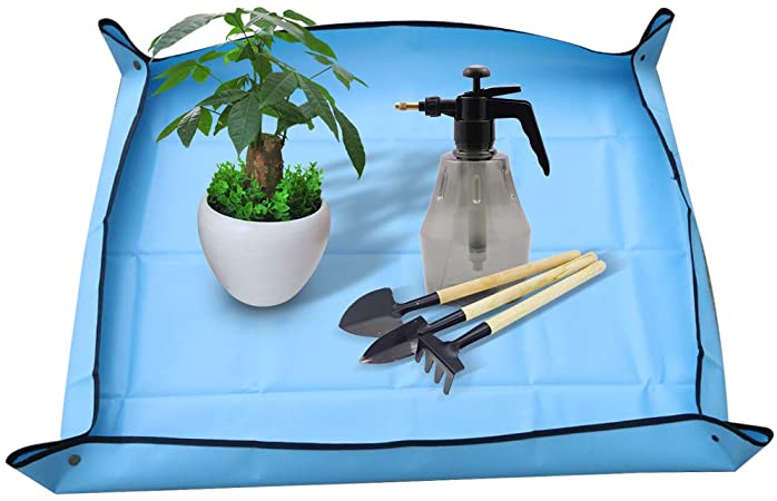 Ymeibe 39''×39'' Indoor Plant Repotting Mat Foldable Transplanting Work Cloth Waterproof Oxford and PVC Dirty Catcher Gardening Succulent Potting Tarp (Blue)