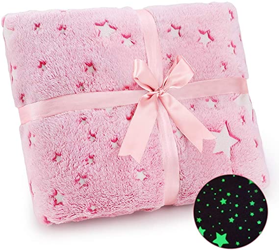 Exqline Glow in The Dark Throw Blanket - Fun Birthday Gift for Kids Girls, Soft Fuzzy Plush Fleece Flannel Throw Blanket, Kids Star Blanket for All Season Pink (50x60 inches)