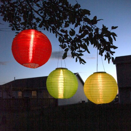 Red, Yellow, and Green Nylon 12" Triple LED Oriental Solar Lantern - Set of 3