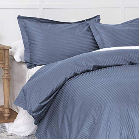 HORIMOTE HOME Navy Blue Cotton Duvet Cover Queen, 100% Damask Cotton with 400 Thread Count, Sateen Weave, Pinstripe Pattern Luxury Royal Hotel Bedding Set, Silky Soft Breathable Durable Bed Cover