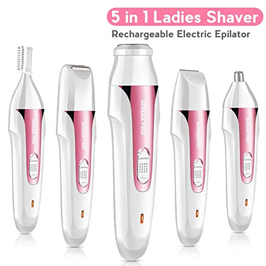 Lady Shaver 5 in 1 - Nose Hair Trimmer Ladies Safety Razor USB Rechargeable Electric Shaver with Beard Nose Bikini Trimmer Eyebrow Razor Hair Removal Epilator Women Shaving Kit (Pink) (White)