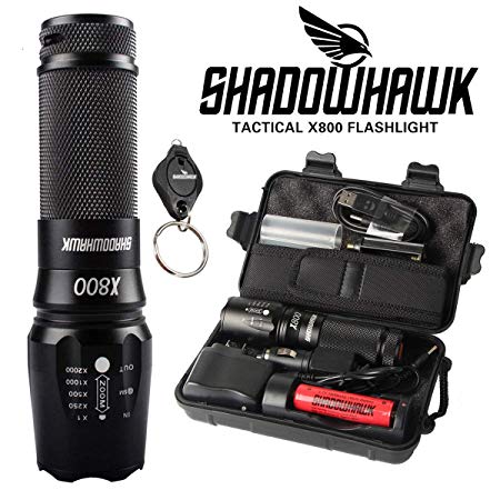 Shadowhawk X800 Super Bright Tactical Flashlight, Rechargeable (18650 Battery Included), Zoomable, IP65 Water-Resistant, 1200 Lumens CREE LED, 5 Light Modes for Camping and Hiking