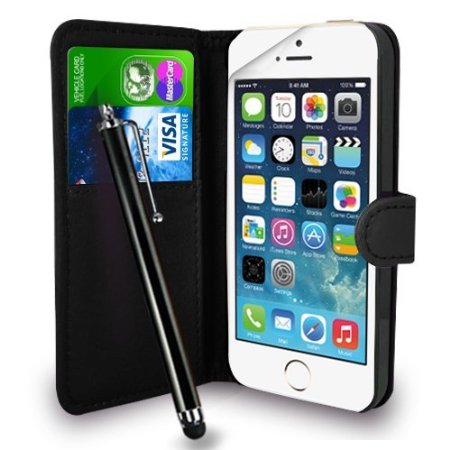 GAPlus® Black Leather Flip Wallet Slim Case Cover Pouch With Card Holder For Apple iPhone 5 / 5S   Free Screen Protector With Polishing Cloth And Stylus Pen (Black Wallet)