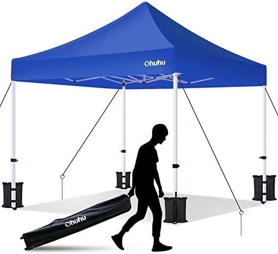 Ohuhu EZ Pop Up Canopy Tent, 10x10 FT Commercial Instant Shelter with Roller Bag, Reinforced-Frame Canopies with 4 Canopy Sand Bags, Stakes & Ropes for More Stable, 4 Height Adjustable, Blue