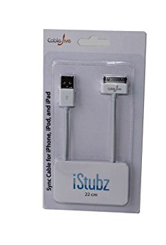iStubz Short Charge and Sync Cable for iPod, iPhone, iPad (White - 22cm); Extra small iPhone 4 / 4S 30-Pin Cable; Perfect for Home, Office, Travel and Laptop use. No More Pocket Tangle! By CableJive