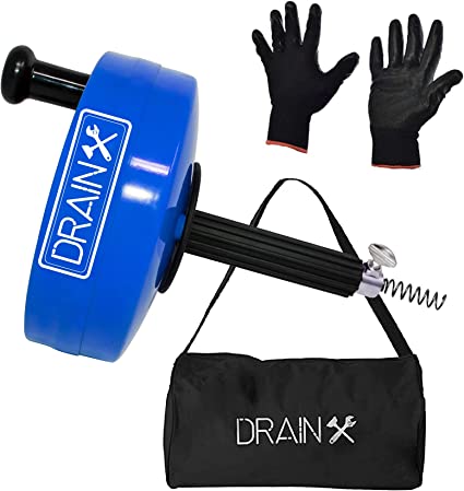 DrainX Pro Steel Drum Auger Plumbing Snake | Heavy Duty 35-Ft Drain Cable with Work Gloves and Storage Bag