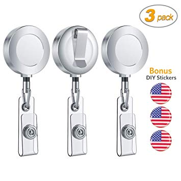 Retractable Badge Holder, Aerb Pack of 3 Heavy Duty ID Badge Holder Reel Clip with 23-inch Stainless Steel Cord and DIY USA Flag Stickers for Men, Women, Nurse, Officer, Silver
