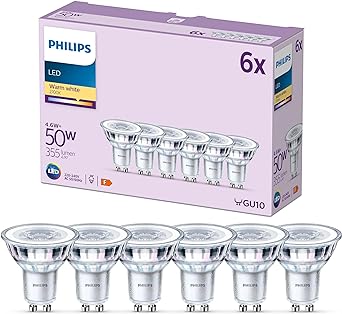 PHILIPS LED Classic Spot Light Bulb 6 Pack [Warm White 2700K - GU10] 50W, Non Dimmable. for Home Indoor Lighting