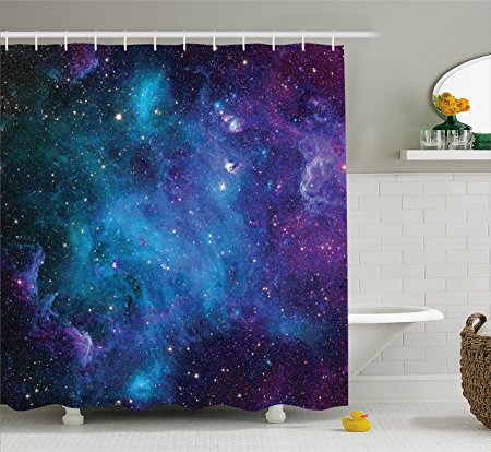 Space Decorations Shower Curtain Set By Ambesonne, Galaxy Stars in Space Celestial Astronomic Planets in The Universe Milky Way Print, Bathroom Accessories, 69W X 70L Inches, Navy Purple