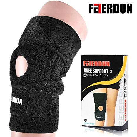 Knee Brace Support Sleeve For Arthritis, ACL, Running, Basketball, Meniscus Tear, Sports, Athletic. Open Patella Protector Wrap, Neoprene, Non-Bulky, Relieves Pain with Adjustable Strapping