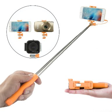uFashion3C Mini Wired Selfie Stick with Mirror,Built-In Shutter Button for Gopro, iPhone 6,6s,6 Plus,6S Plus,SE,5S,5C,5,4S,4, Android Samsung Galaxy S5,S6,S7,S7 Edge,Note 3,4,5, LG G3,G4,G5 (Orange)
