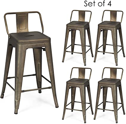 COSTWAY Metal Bar stools Set of 4, with Removable Back, Cafe Side Chairs with Rubber Feet, Stylish and Modern Chairs, for Kitchen, Dining Rooms, and Side Bar (Gun, 24'')