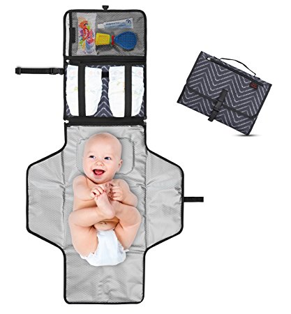 Crystal Baby Smile Portable Changing Pad - Diaper Clutch - Lightweight Travel Station Kit for Baby Diapering - Entirely Padded, Detachable and Wipeable Mat - Mesh and Zippered Pockets - Dark Gray