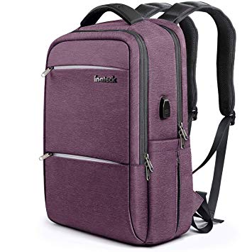 Inateck Laptop Backpack with USB Charging Port, Anti-Theft School Bag Business Travel Backpack Fits Up to 15.6 Inch Laptops, Rucksack with Waterproof Rain Cover and Luggage Belt - Purple