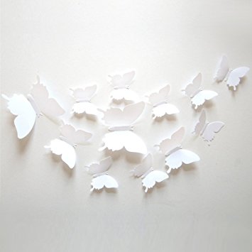 12 Pcs Art Decor Wall Stickers Home Kid Room Decals, White 3d Decorative Butterflies Removable Wall Art Stickers