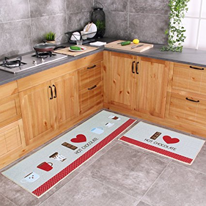 Carvapet 2 Piece Kitchen Mat No Rubber Backing Doormat Runner Rug Set, Chocolate Design (Light Grey 19"x63" 19"x31")