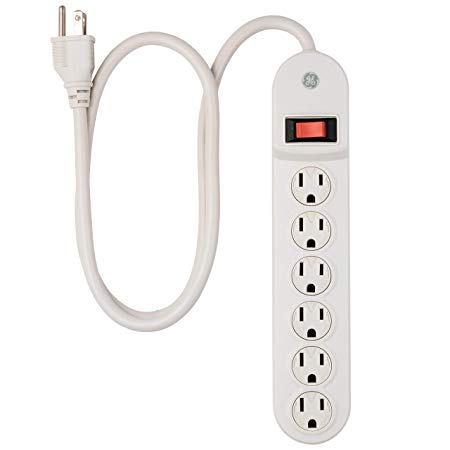 GE 6 Outlet Power Strip with 3 Foot Long Extension Cord, Indoor Power Strip, Twist to Close Safety Outlet Covers, Wall Mount, 3 Prong, UL Listed, White, 55248