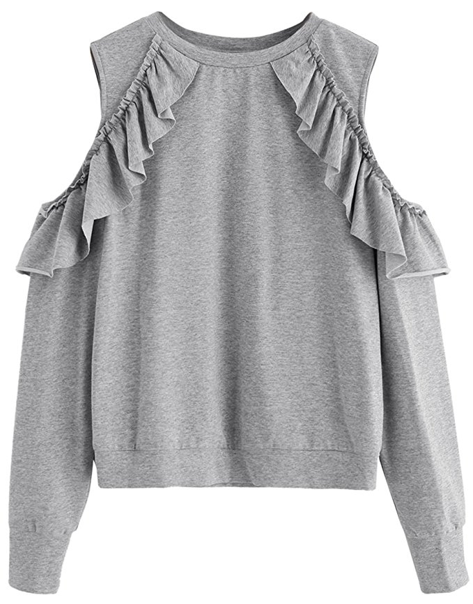 ROMWE Women's Cold Shoulder Crew Neck Long Sleeve Heather Sweatshirt Blouse