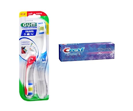 Travel Folding Soft Toothbrush (2 Pack) and Crest Travel 3D White Toothpaste (0.85 Ounce)