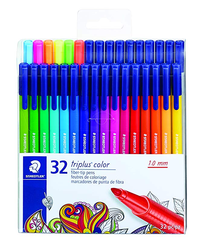 STAEDTLER fiber-tip pens, triplus color, 1mm pressure-resistant tip, washable ink, triangular barrel,  set of 32 vibrant colors, assorted, 323 TB32LU